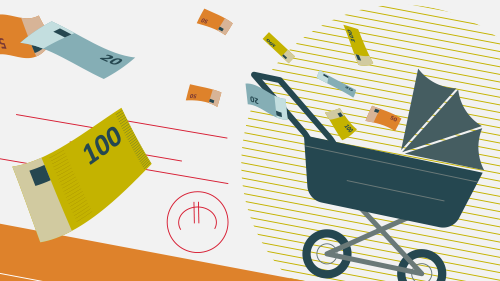 Illustration Swiss Life Kinderwagen Geld